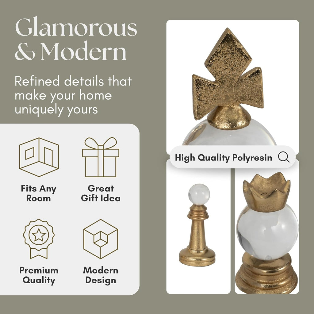 Turin Gold Chess Pieces- Metal & Glass Decorative Art with White Orb Tops and Metal Finish - Modern Home - Set of 3