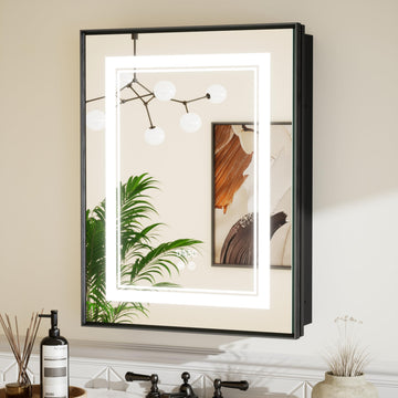 Black Led Bathroom Medicine Cabinet with Mirror 20 x 26 Recessed or Surface Mount Metal Framed Lighted Medicine