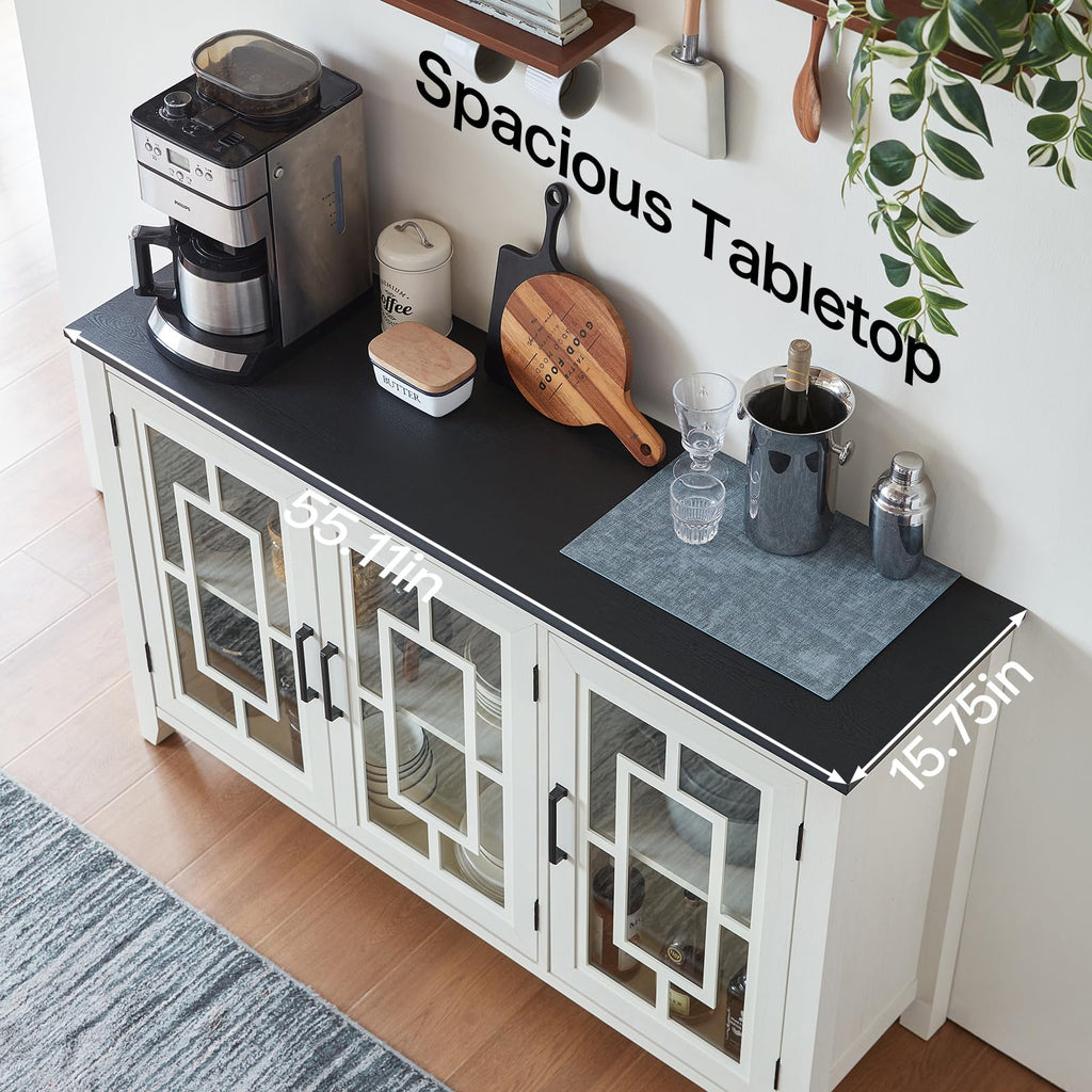 Large Sideboard Buffet Cabinet with Storage, 55" Farmhouse Credenza with 3 Glass Doors, Adjustable Shelves Console