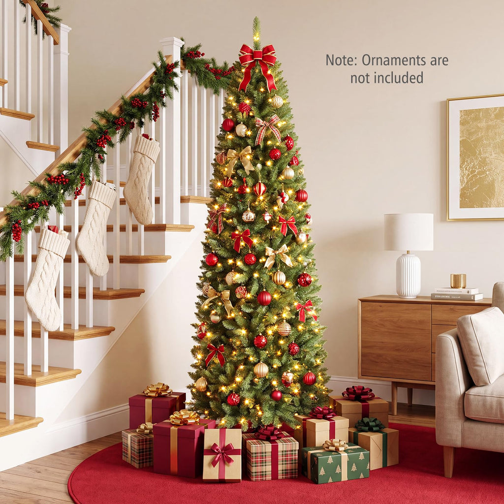 7ft Pre-Lit Pencil Christmas Tree with 350 Warm White LED Lights