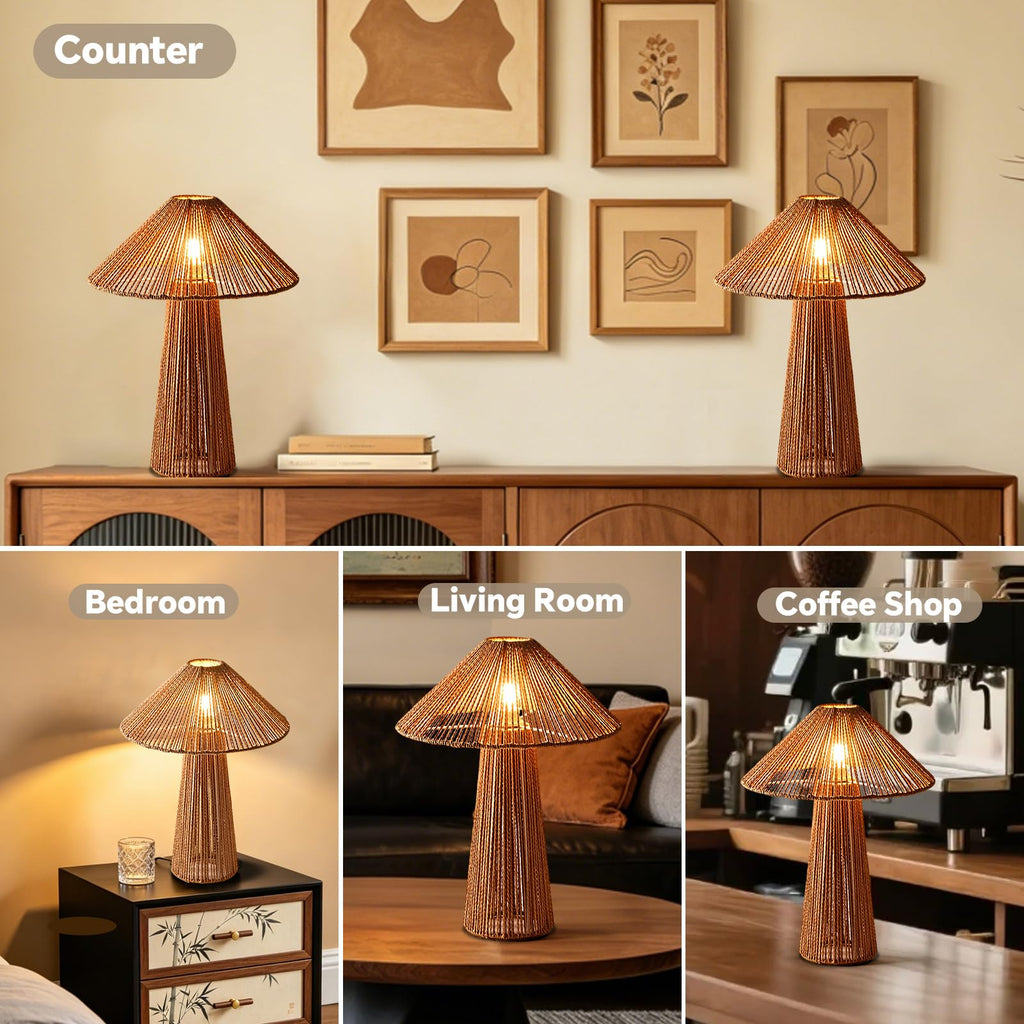 20"Boho Table Lamp Plug in Large Rattan Desk Lamp 3 Color Adjustable Classic Wicker Woven Nightstand Lamp Living Room