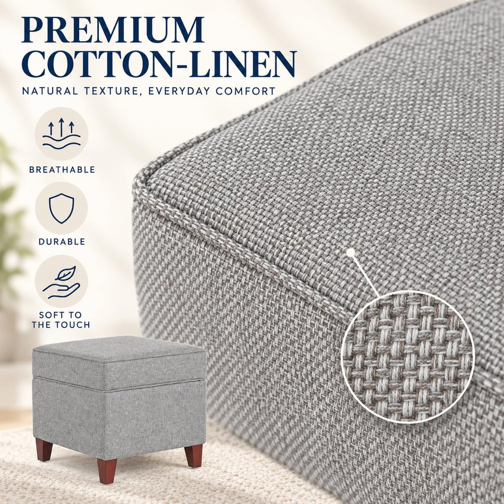 17 Inch Square Linen Storage Ottoman, Small Upholstered Footrest Stool with Hinged Lid and Wood Legs, Modern Accent