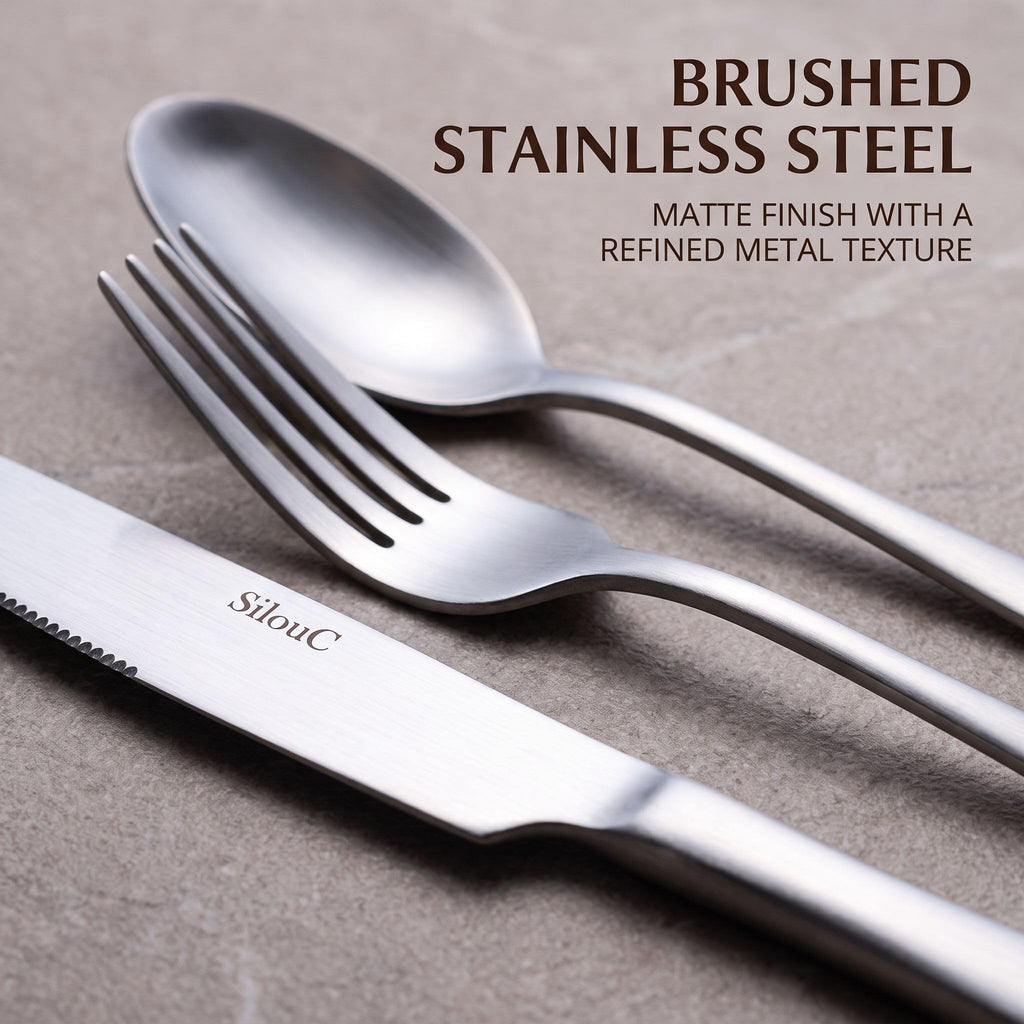20-Piece Silverware Set & Flatware Set, Hammered Square Handle Silver Stainless Steel Service for 4, Matte Satin