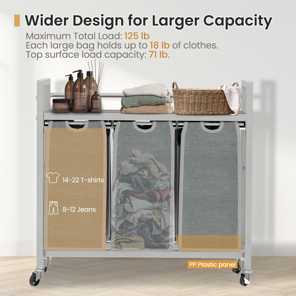 Laundry Sorter, Laundry Hamper 3 Section, 3×11.4Gal, Metal Frame Rolling Laundry Basket with Wooden Top Shelf, Pull