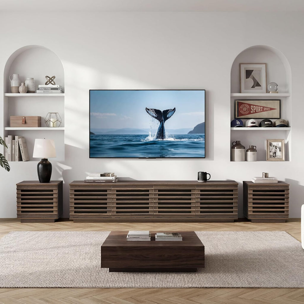70" Modern TV Stands with LED Light for TVs Up to 75 inches, Low Profile Entertainment Center with 4 Flip-Down Door &