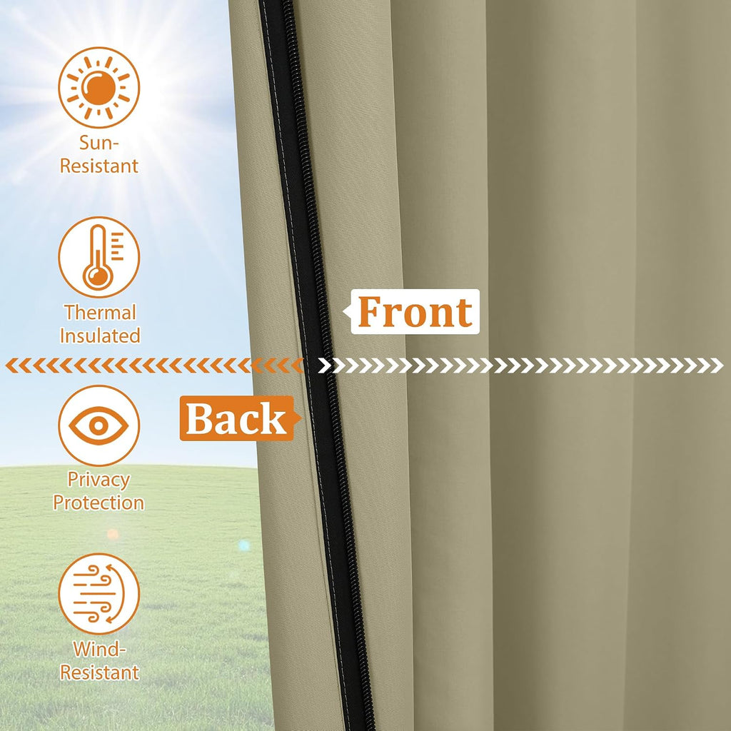 Outdoor Curtains Waterproof 2 Panels Blackout Curtains 108 inch Long with Zipper Top & Bottom Grommet Sun Blocking
