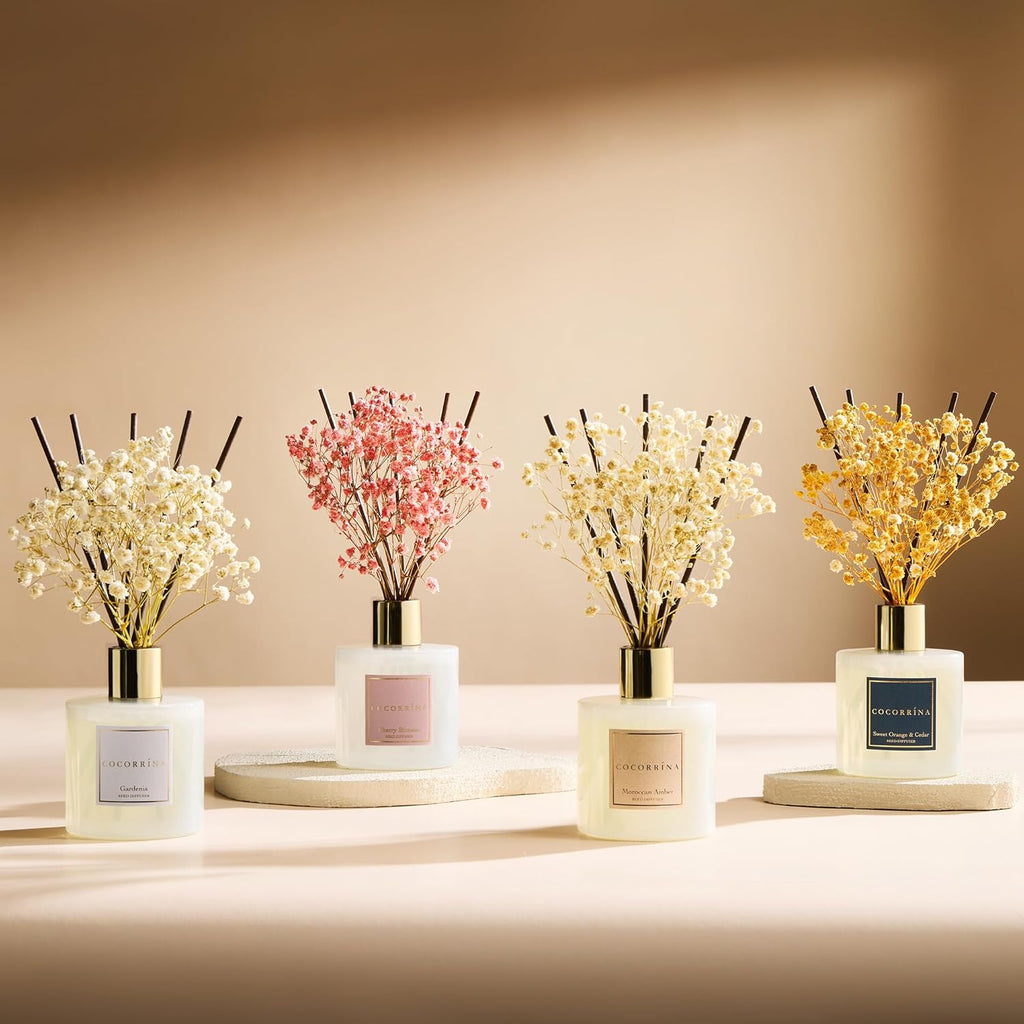Premium Reed Diffuser Set with Preserved Baby's Breath & Cotton Stick Sandalwood Rose | 6.7oz Scent Fragrance Oil