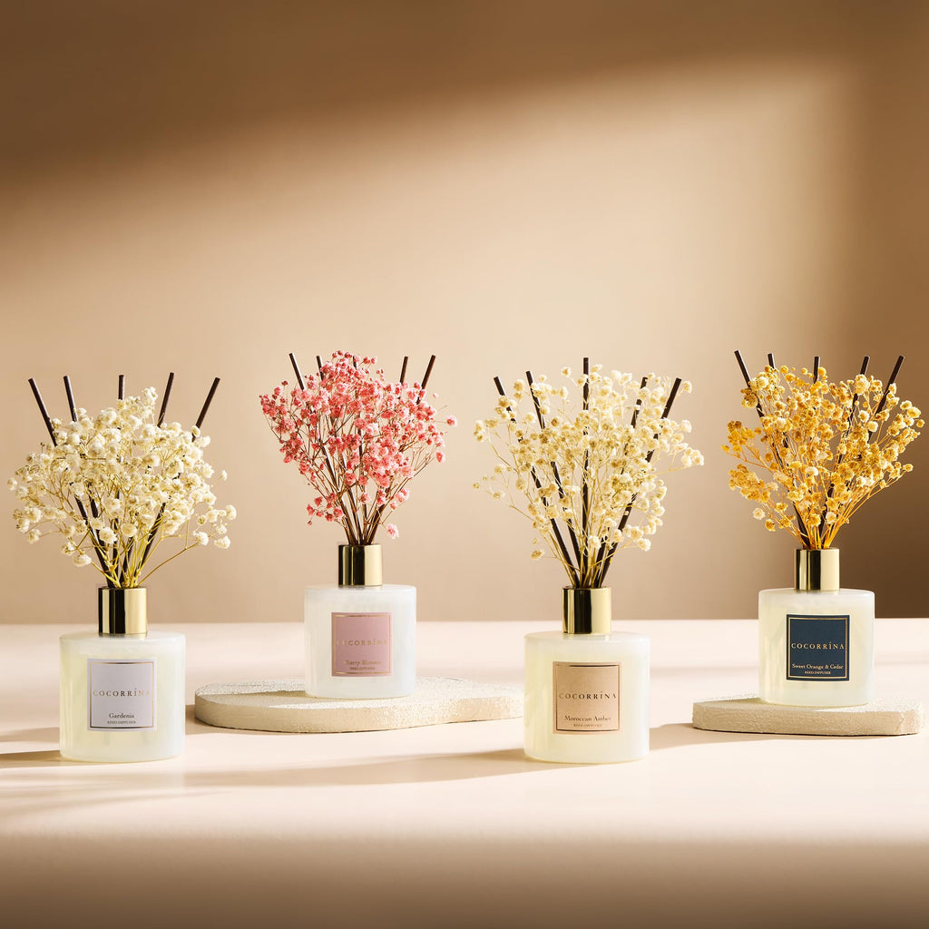 Reed Diffuser - Gardenia 6.7 Fl.oz Reed Diffuser Set with Sticks & Preserved Baby's Breath, Reed Diffuser Bathroom