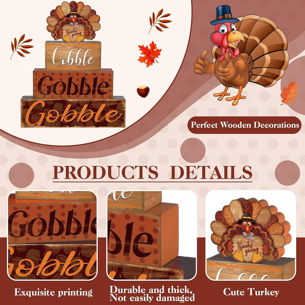 Thanksgiving Decor Turkey Cute Wooden Sign with Sayings - Set of 4