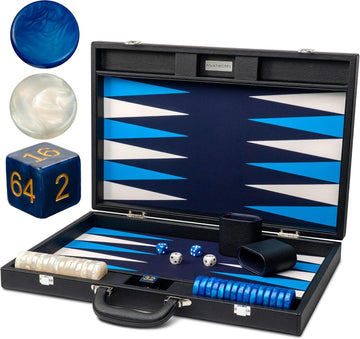19 Inch Premium Backgammon Sets for Adults Leather Black - Blue. Premium 1.6 Inch Checkers & Dice Set, Travel