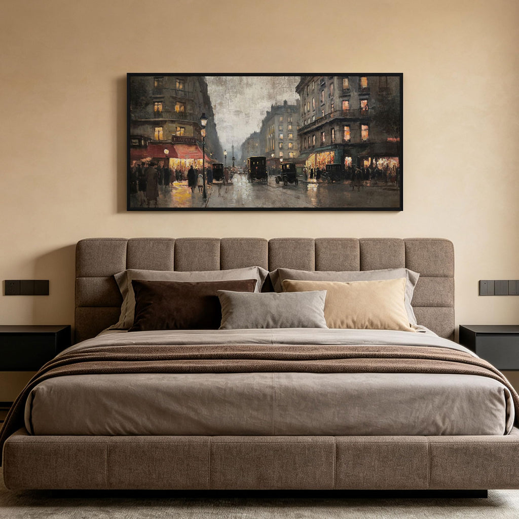 Vintage Paris Street Canvas Print, Black Framed Wall 40x20 Inch