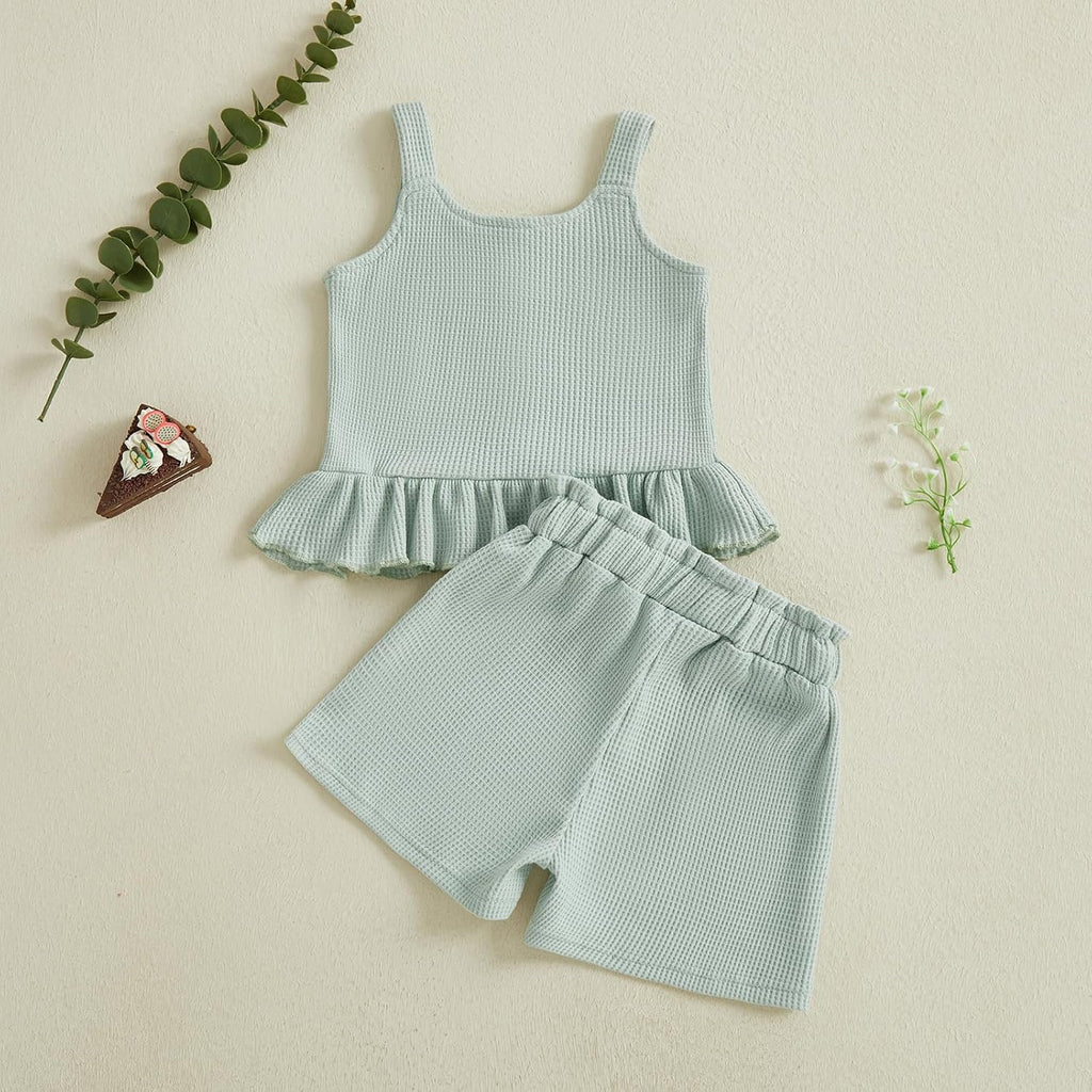 Toddler Baby Girl Summer Outfits Solid Color Waffle Sleeveless Ruffle Tank Tops Shorts Set Cute Infant Clothes