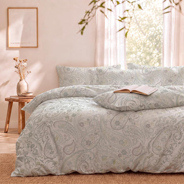 Linen Cotton Duvet Cover Set, Light Grey Paisley Bedding Set, 3 Pieces Vintage Floral Duvet Cover with