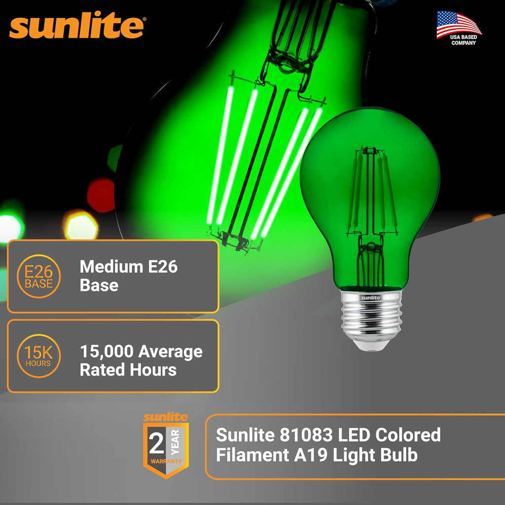 LED Colored Filament A19 Light Bulb, 4.5 Watts, Medium E26 Base, 120 Volts, Transparent Green, Dimmable, 320 Degree