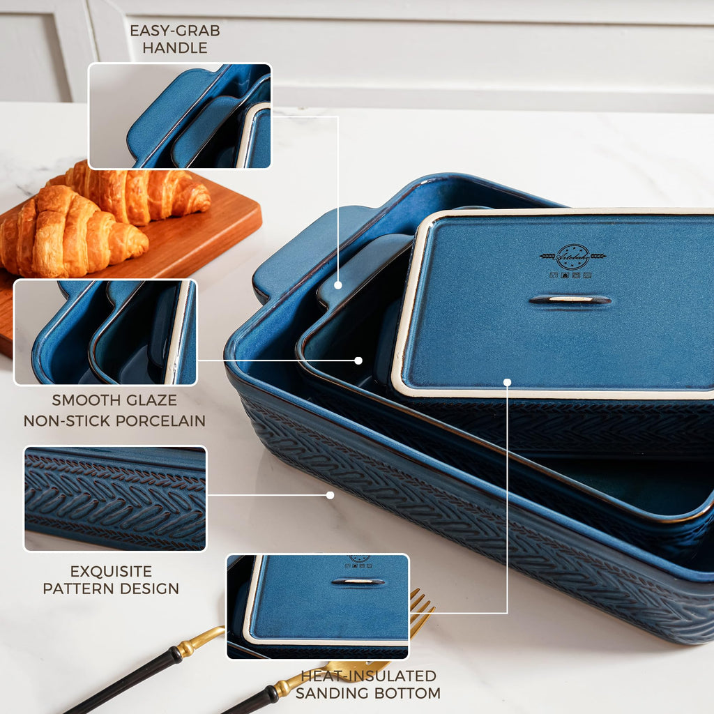 Casserole Dishes for Oven, Blue Ceramic Baking Dish Set of 3