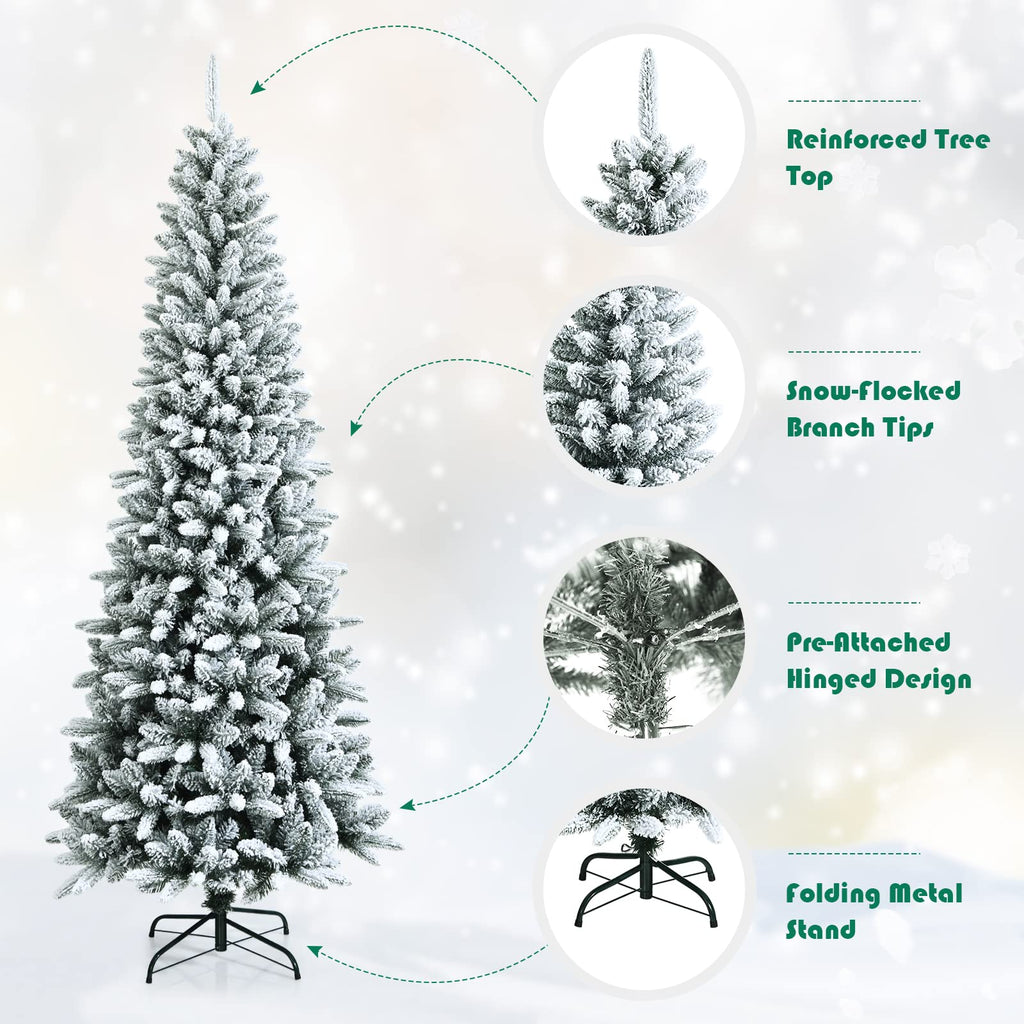 7.5ft Snow Flocked Pencil Christmas Tree with 1189 Branch Tips