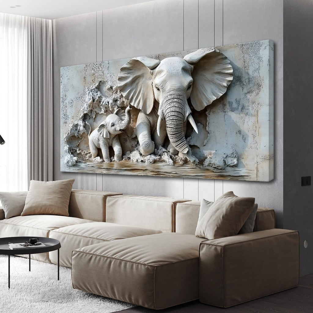 Warm Mother & Baby Elephant Texture Art Picture - Frameless Canvas Wall Art Painting, Family Room, Hallway - 40'' x