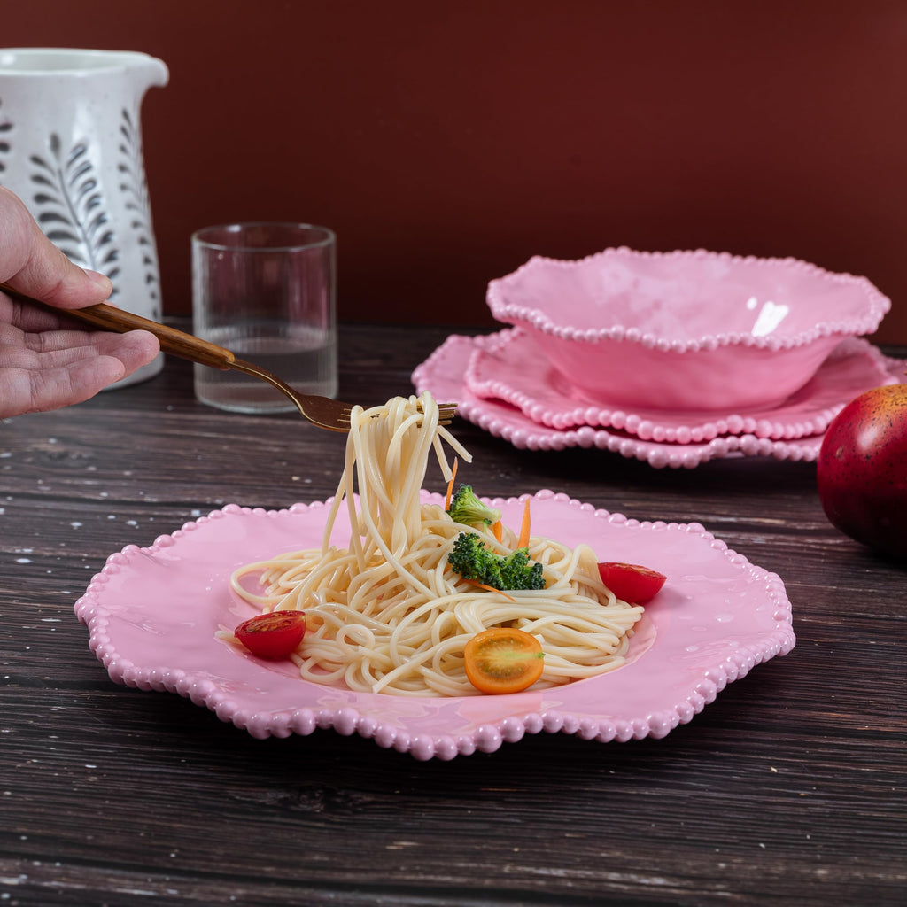 Pink Dishes Melamine Dinnerware Sets, 18 Piece Kitchen Plates and Bowls tableware Set, Lightweight, BPA free Beaded
