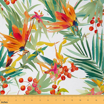 Palm Tree Fabric By The Yard, Floral Upholstery Fabric, Summer Cool Leaves Berry Indoor Outdoor Fabric, Watercolor