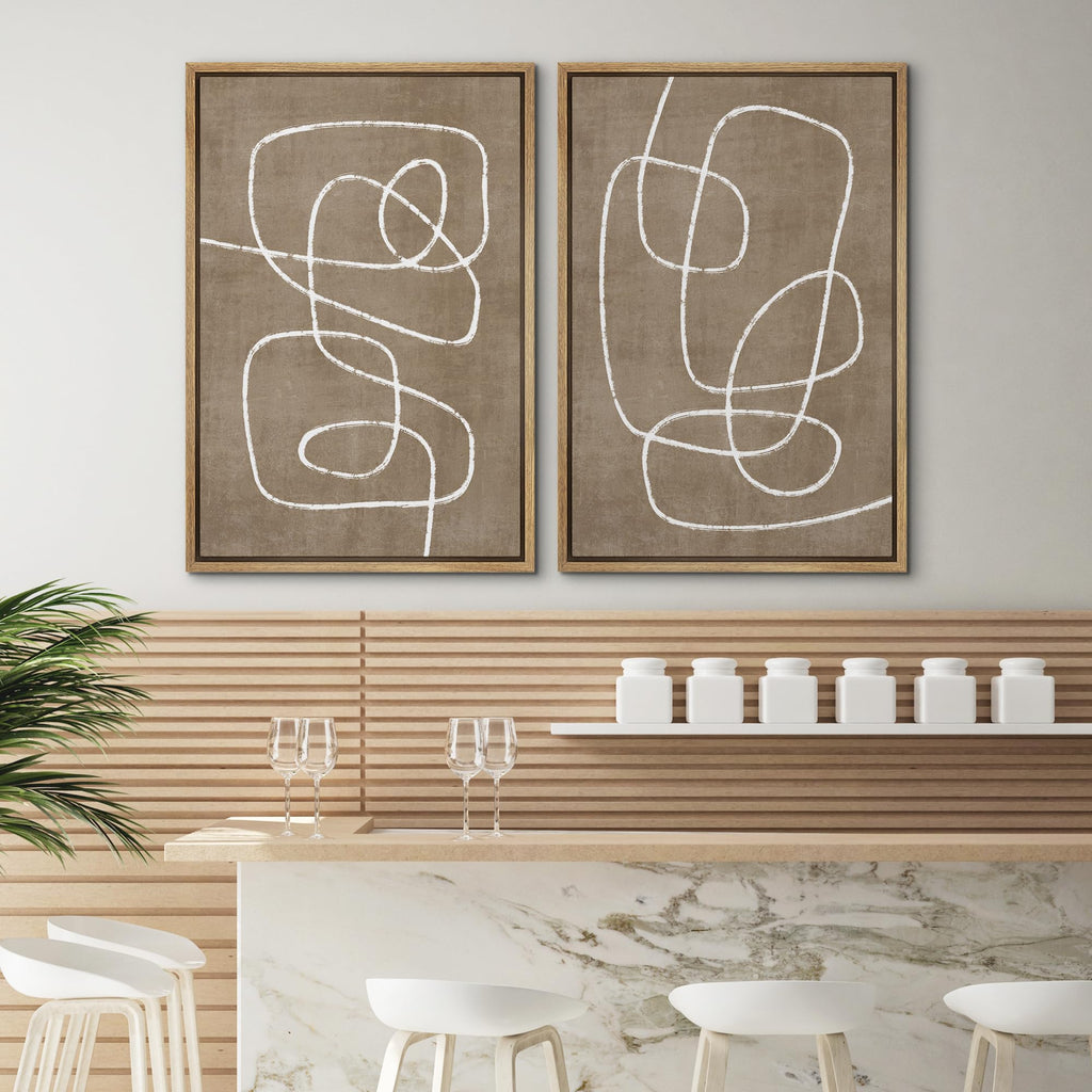 Framed Canvas Print Wall Art Set Geometric Mid-Century Spiral Collage Abstract Shapes Cozy Neutral Minimal Decorative