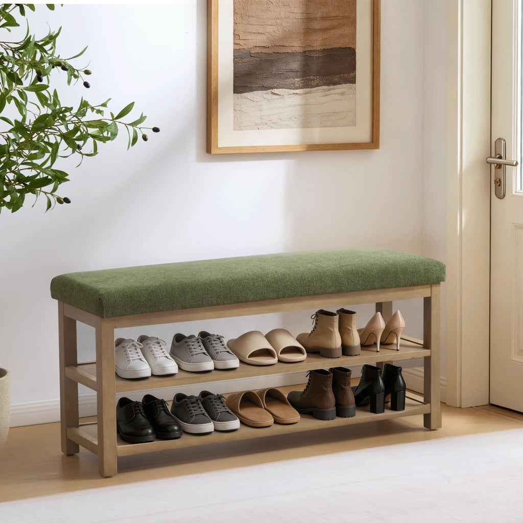 Shoe Rack Bench with Cushion, 2 Tier Solid Wood Storage Bench, Mid-Century Modern Shoe Bench, Closet, Front Door