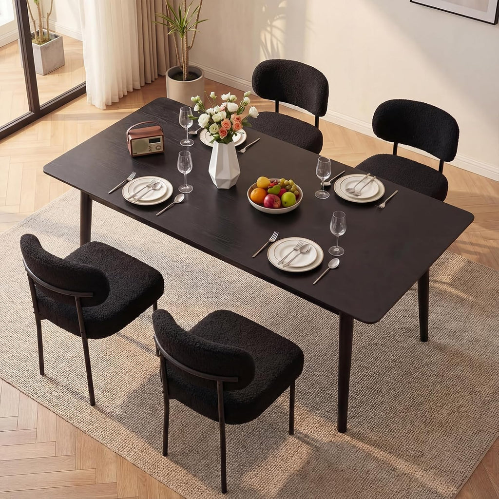 Black Boucle Dining Chairs Set of 4, 4.3" Thick Cushion,Kitchen Dining Room, Curved Backrest, Comfortable