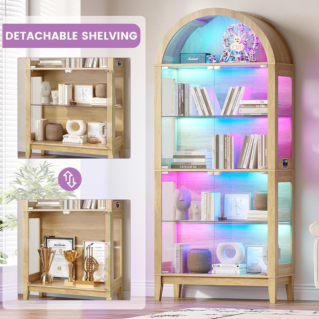 Arched Glass Display Cabinet with RGB Dimmable LED Lights, Natural | 5-Tier Bookshelf with Glass Doors, 69" Curio