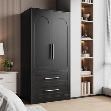 Wooden Armoire Wardrobe Closet with 2 Drawers, Clothing Storage Cabinet with Shelves Aluminum Hanging Rod, Wardrobe