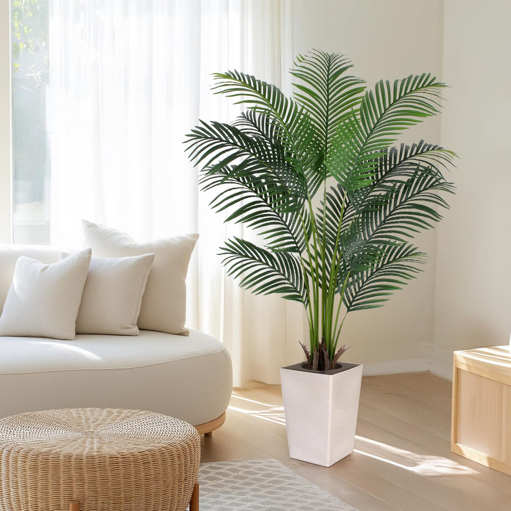 Artificial Palm Tree with White Tall Planter, 5ft Tall Potted Artificial Silk Palm Tree Plant, Fake Tropical Plant