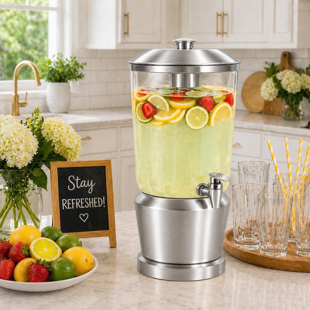 Drink Dispenser with Ice Chambers, Lemonade Tea Water Dispenser with Spigot, Stainless Steel Beverage Jar Jug