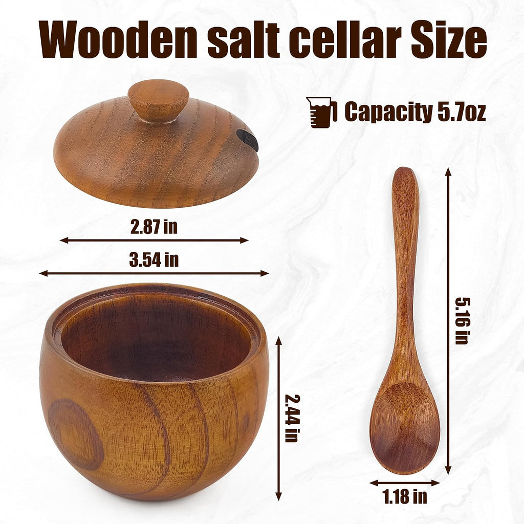 Wooden Salt Cellar with Lid and Spoon 5.7 oz Kitchen Wooden Salt Box for Sea Salt,Spices and Herbs() - Set of 2