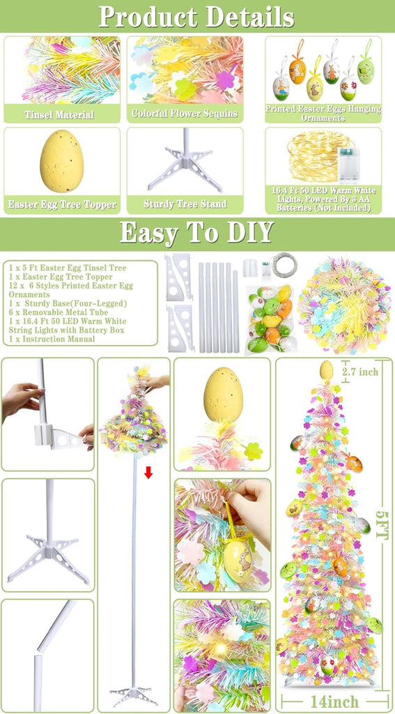 Timer - Easter Decorations, 5Ft Lighted Easter Tree with 50 LED Warm White Lights 12 Colorful Eggs Ornaments Battery