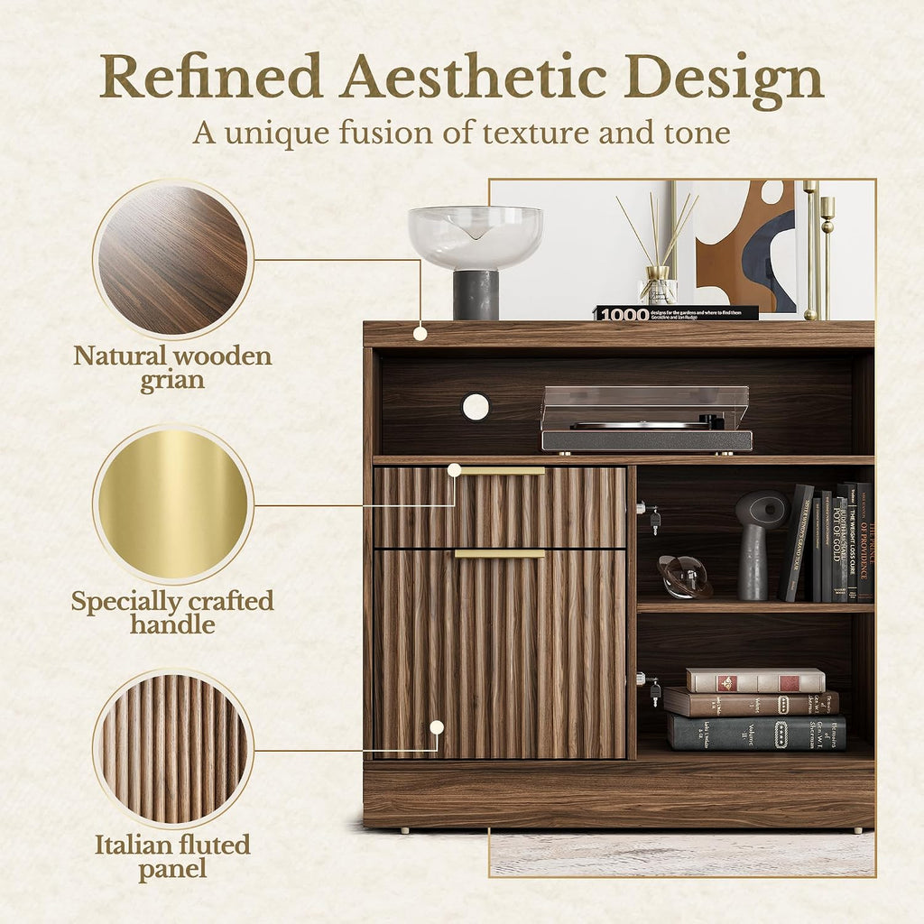 2 Drawer File Cabinet with Lock, Filing Cabinet | Wood Fluted Lateral File Cabinet for Letter/A4 Size, Print Stand