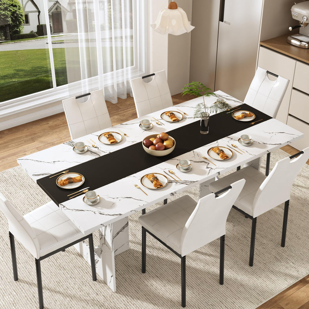 7 Pieces Dining Table & Chairs Set for 4-8 People, 71 Inch Kitchen Table with 6 Chairs, Rectangle Dining Table with