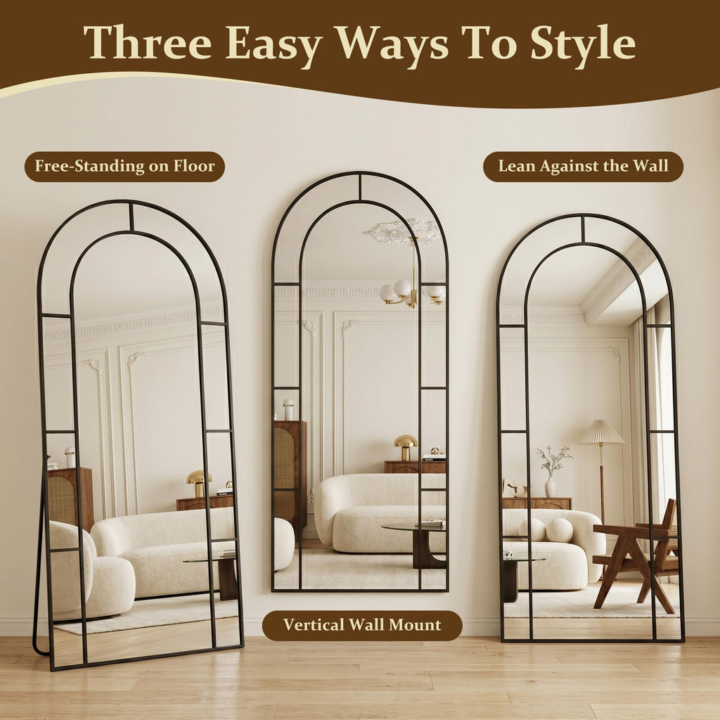 71" x 32" Arched Full Length Floor Mirror, Farmhouse Window Pane Mirror with Metal Frame, Decorative Leaning or Wall