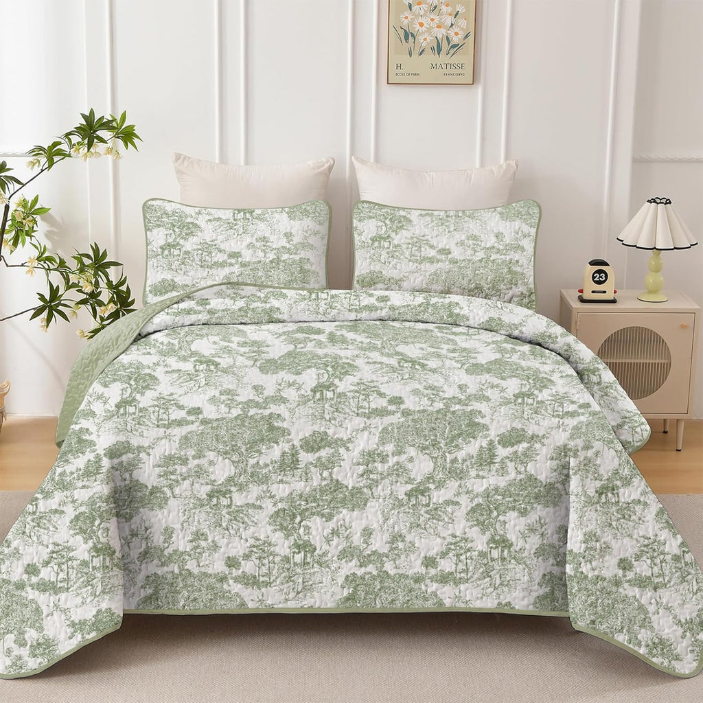 Botanical Quilt Set Queen, Sage Green 3 Pieces Floral Plants Printed Bedspread Bedding Set Soft Lightweight