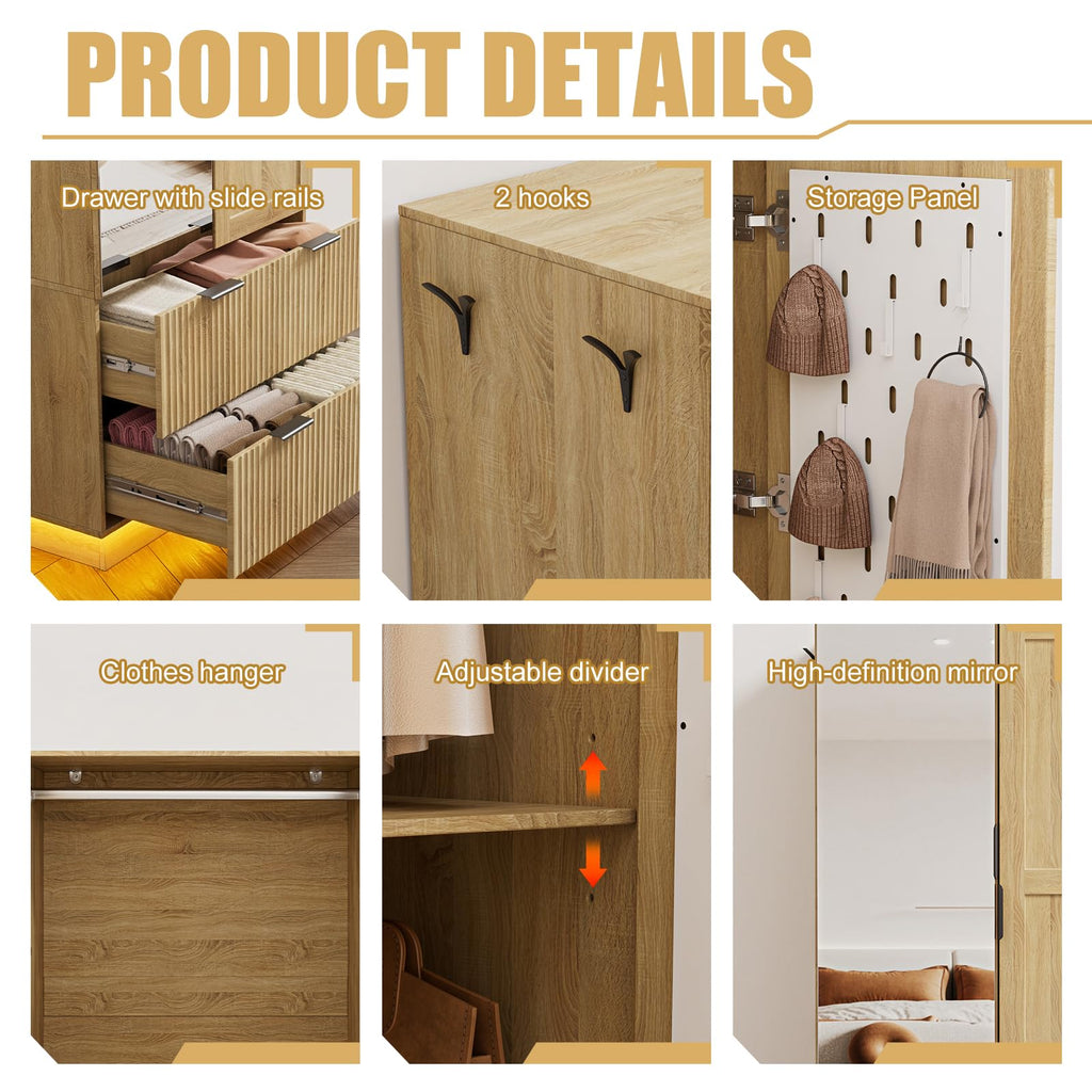 Wardrobe Closet with 2 Doors, Pegboard and Mirror, Wood Armoires