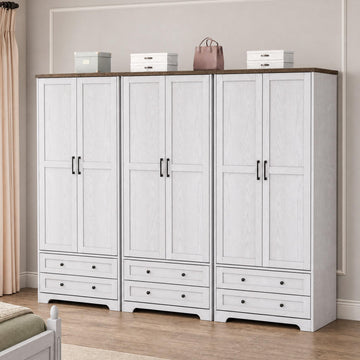 Wooden Armoire Wardrobe Closet with Drawers, White, Set of 3