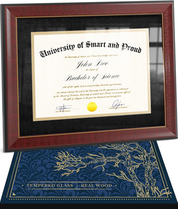 Wooden College Diploma Frame 8.5 x 11 with Mat (Black /w Golden Rim) - Real Wood, Real Glass - Gift-Ready Packed