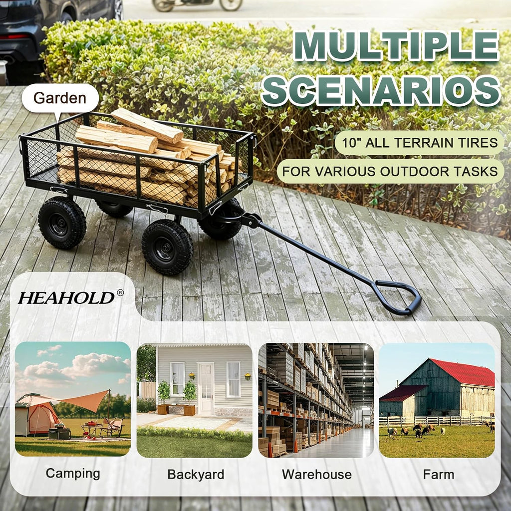 Heavy Duty Garden Wagon Cart - 880 LBS Steel Utility Cart with All-Terrain 3.50-4" Solid Wheels, 10" Tires, 180°