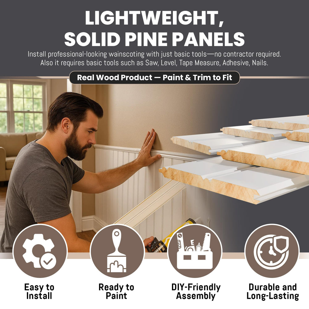 Primed Beadboard Wainscoting Panels - 32" Tongue & Groove Pine Planks