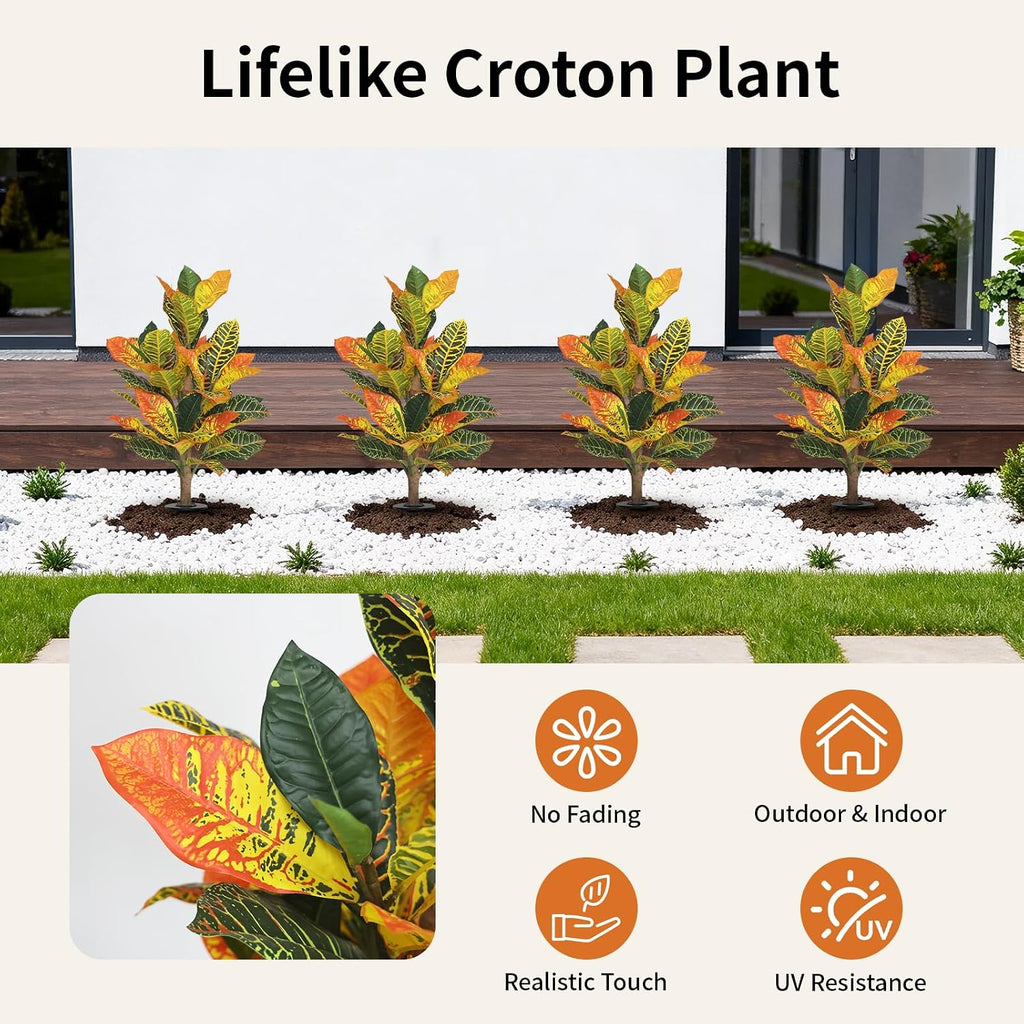 UV-Resistance 35inch Artificial Croton Plant, 2 Pack Fake Croton with Ground Spike, Faux Fiddle Leaf Fig Tree Home - Set of 2