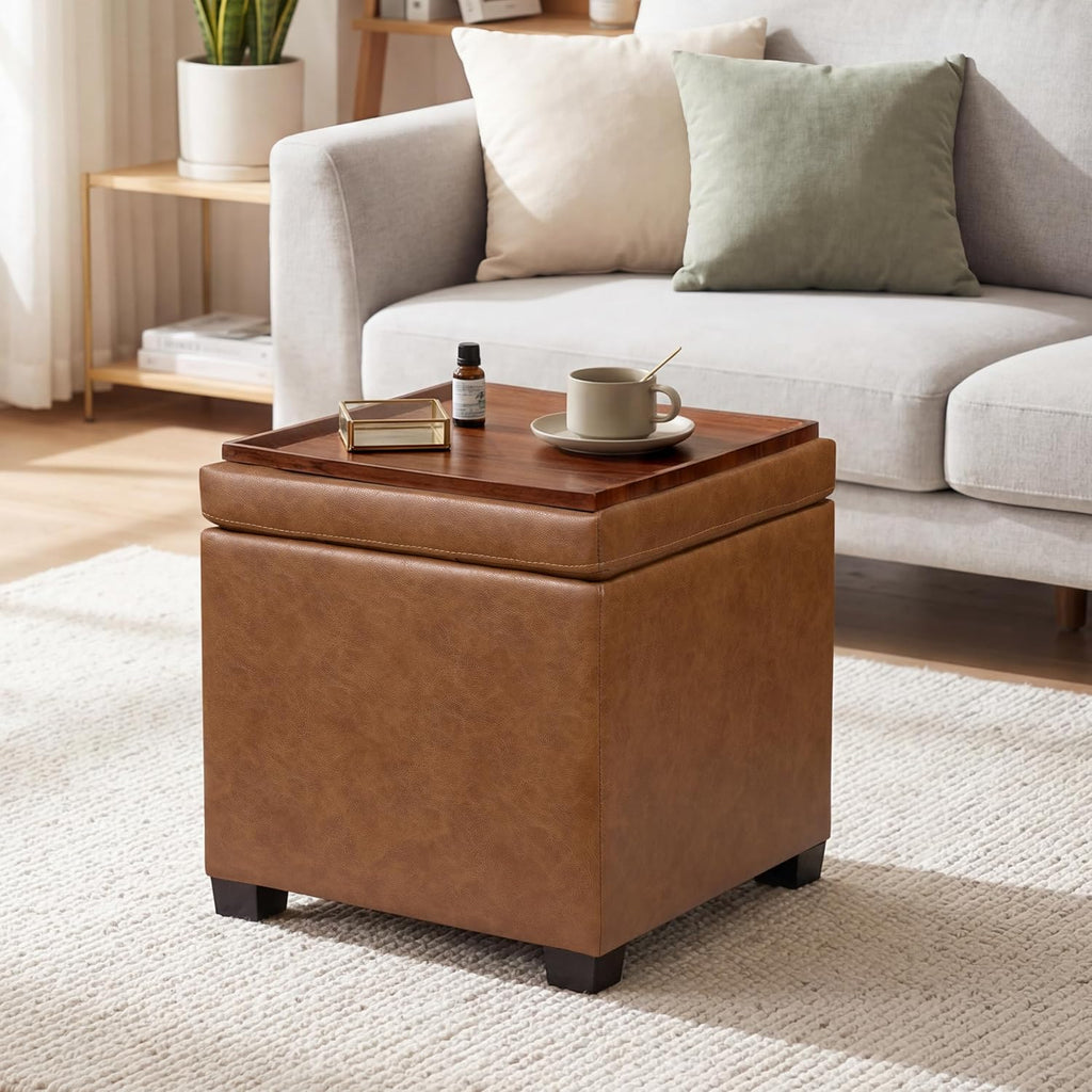 15 inch Square Storage Ottoman with Tray Lid,Modern Tufted Faux Leather Cube Coffee Table with Storage,Upholstered