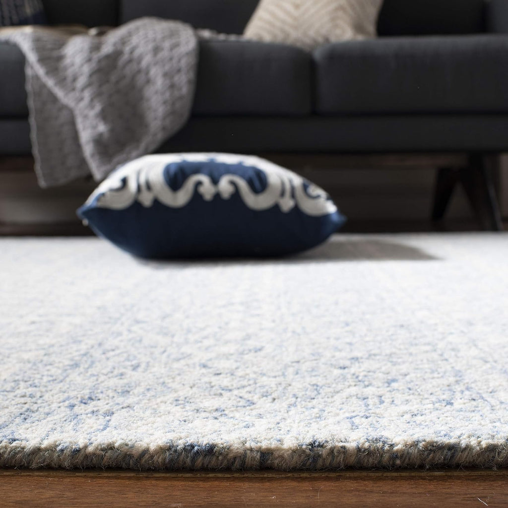 Micro-Loop Area Rug - 9' x 12', Blue & Ivory, Handmade Moroccan Boho Tribal Wool