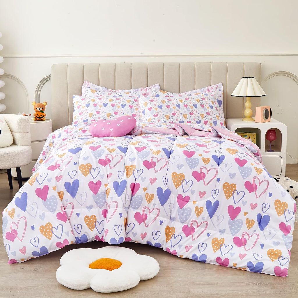 Full Comforter Sets for Girls Kids, 8 Pieces Bed in a Bag Pink Heart Bedding Comforter Sheet Set with Shams and