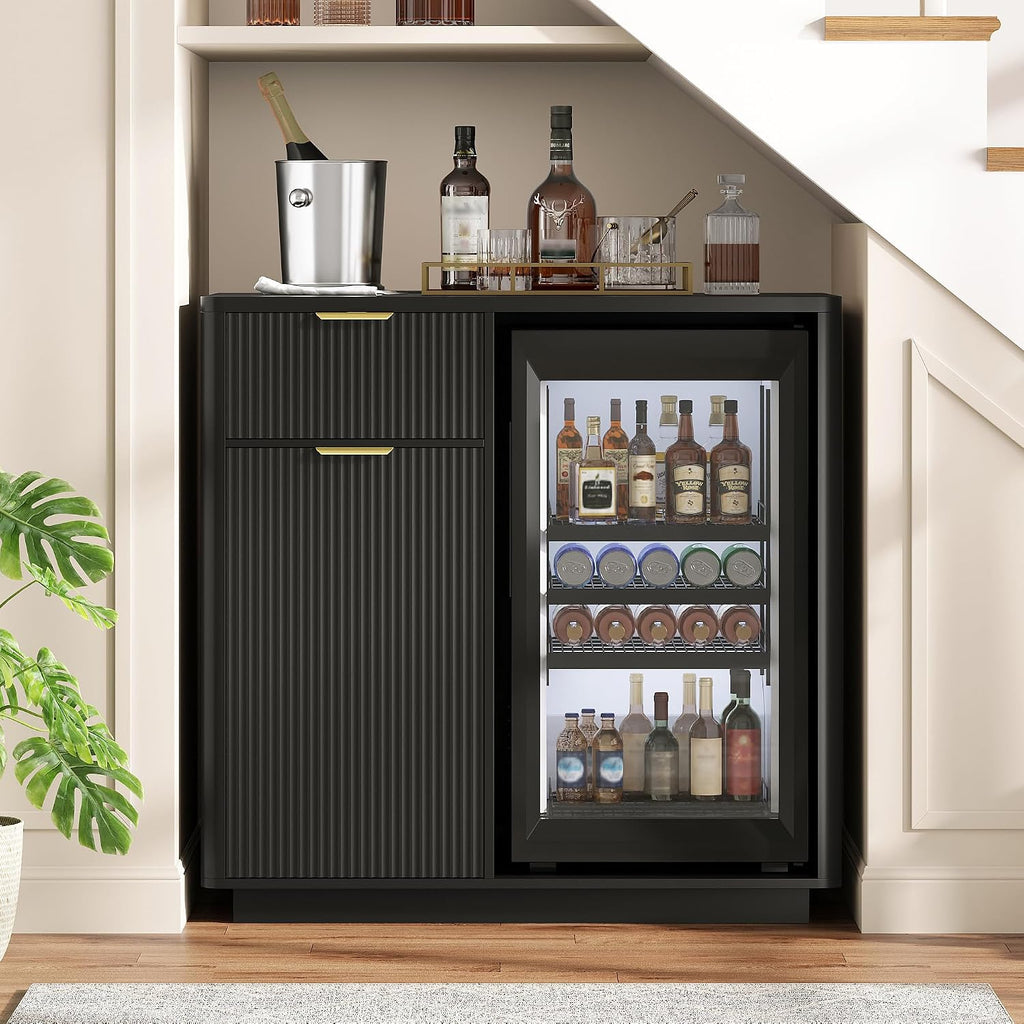 Mini Fridge Cabinet with Wine Storage & Power Outlet, Black | Coffee Bar Cabinet with Mini Fridge Space, Liquor