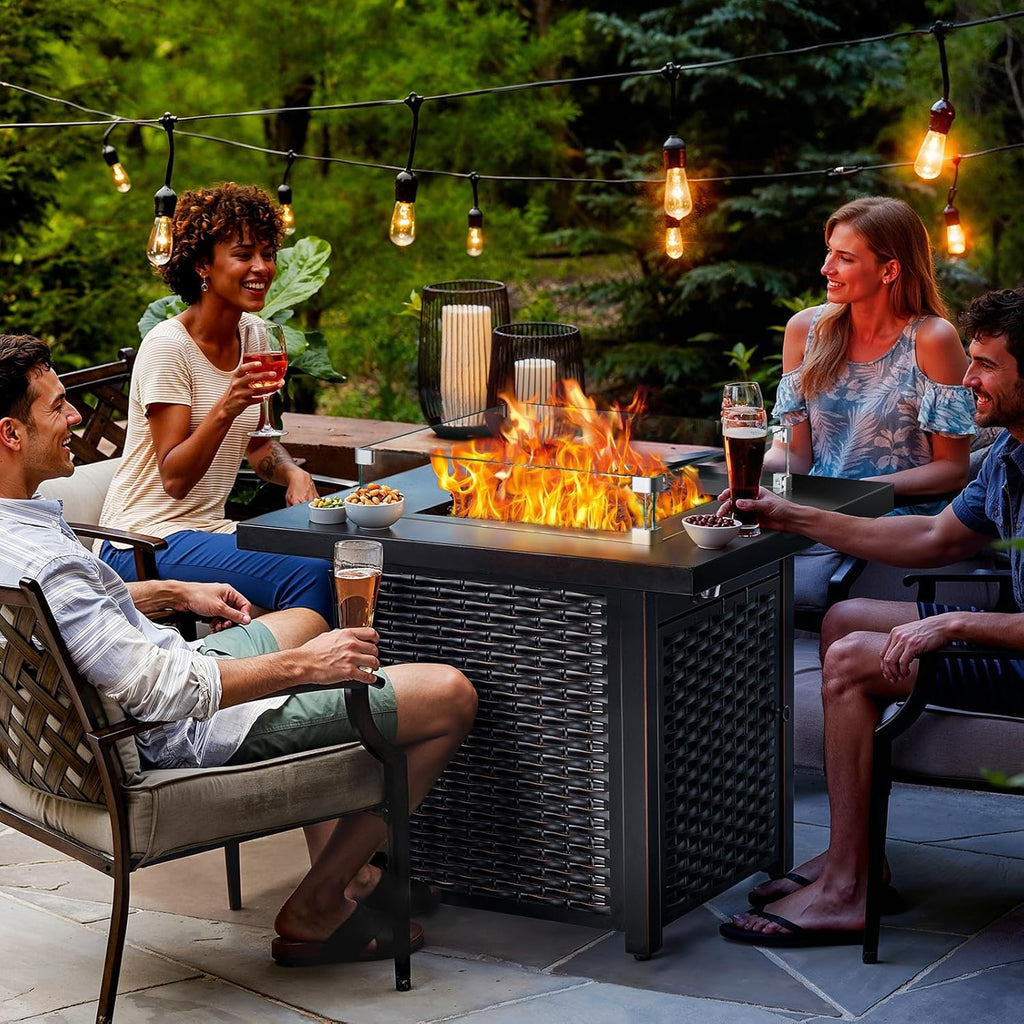 Propane Fire Pit, 28″ Outdoor Gas Fire Pit, 50,000 BTU Steel Fire Table with Glass Wind Guard, Lid & Lava Rock