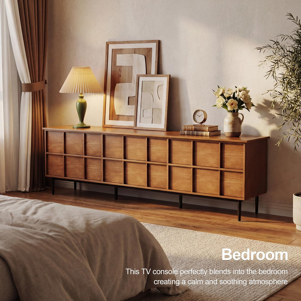 86 Inch Mid Century Modern TV Stand, Solid Wood Media Console with 6-Drawer Storage, Sideboard