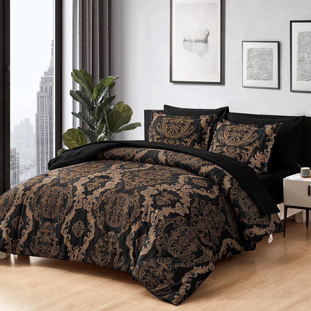 Black Comforter Set Queen, Gold Damask Texture 7 Pieces Bed in a Bag Microfiber Comforter Bedding Sets -1 Comforter