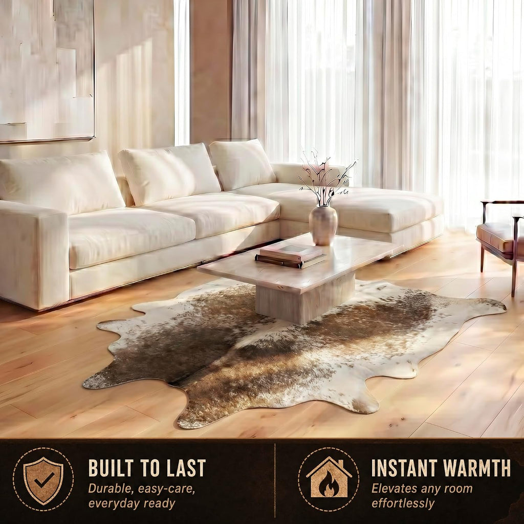 Kobe Cowhide Area Rug, Salt and Pepper Taupe White, 6x7 ft | Low Pile, Shed-Resistant, Brazilian Tannery Leather